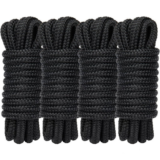 PropelTech 4 Pack 3/8" x 15’ Boat Dock Lines for Boat & Pontoon, Premium Marine- Grade Double Braided Nylon Dock Line, Pre-Spliced with a 12" Eyelet-Black,Boating Gifts for Men