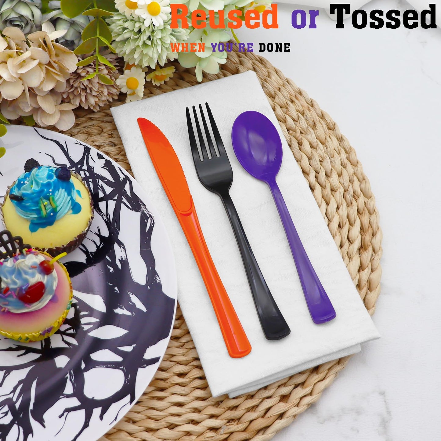 153 Pcs Halloween Plastic Silverware Heavy Duty Disposable Tableware Sets Includes Spoons Forks Knives for Halloween Party Supplies (Black Orange Purple)