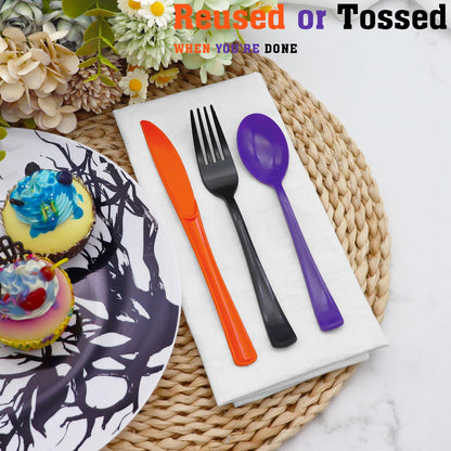 153 Pcs Halloween Plastic Silverware Heavy Duty Disposable Tableware Sets Includes Spoons Forks Knives for Halloween Party Supplies (Black Orange Purple)