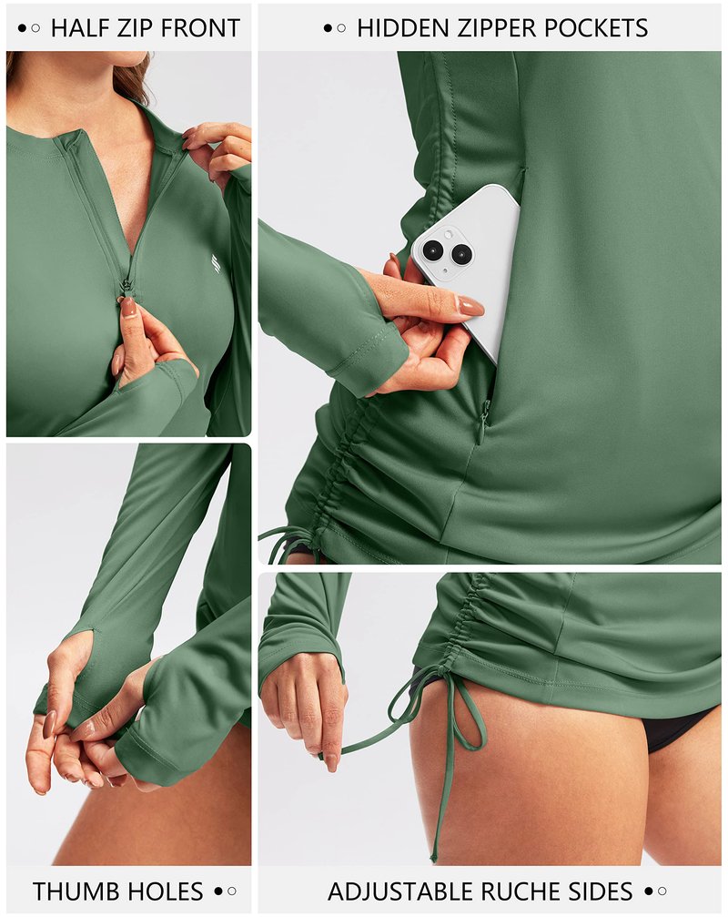 Soothfeel Women's Long Sleeve UV Sun Protection Rash Guard Shirts UPF 50+ Swim Shirt Swimsuits Top for Women with Zip Pockets Green