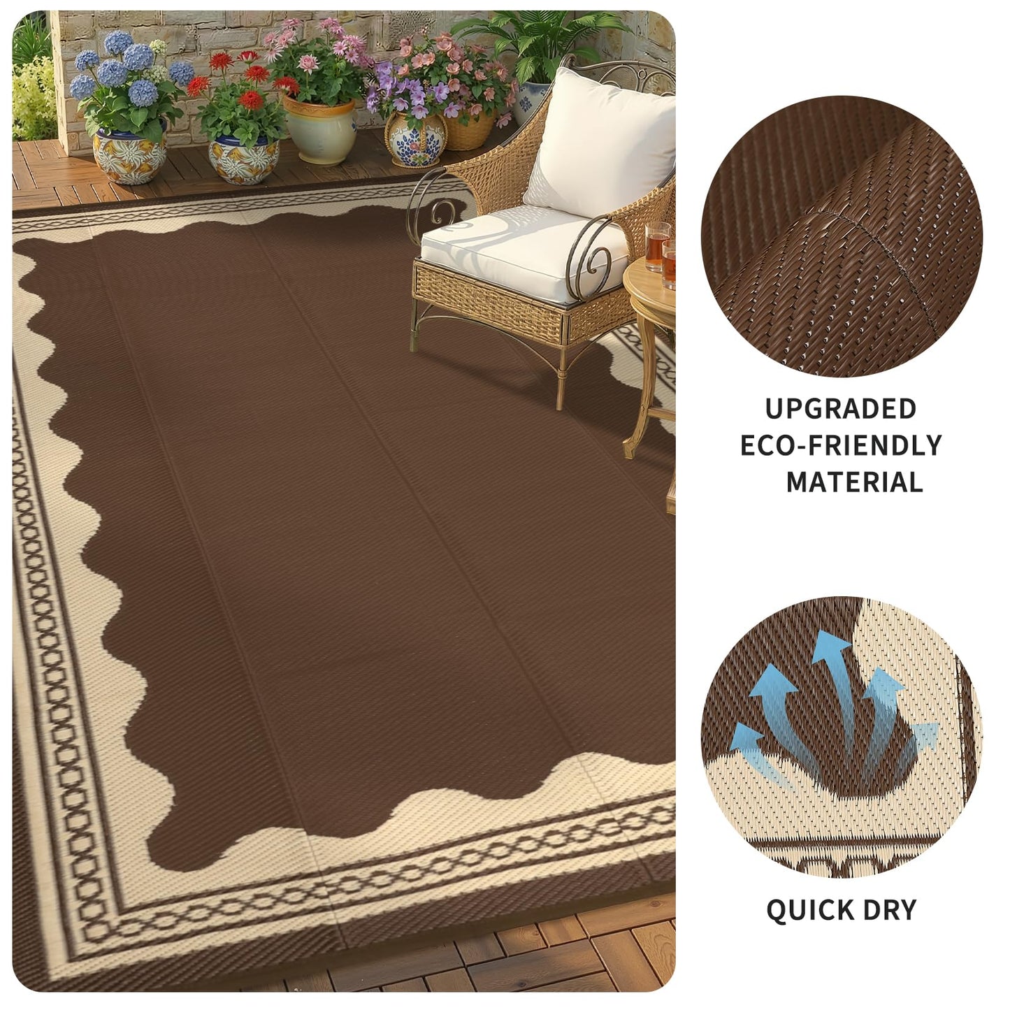 Garvee Outdoor Rug 5x8 Scalloped Waterproof Patio RV Outdoor Rugs Reversible Foldable Plastic Straw Rug Modern Camping Carpet for Deck Camper Porch Balcony Backyard Picnic Beach Brown