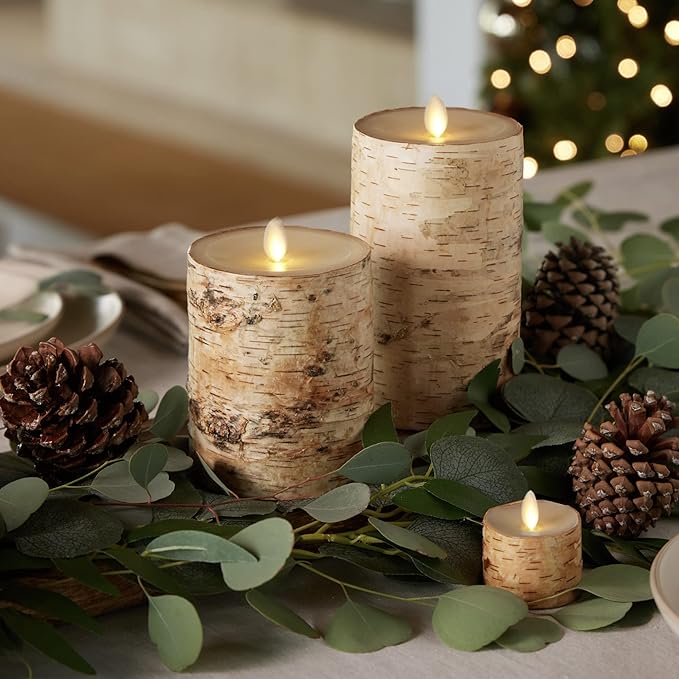 Luminara Realistic Artificial Flame Pillar Candle Wrapped with Real Birch Bark - Moving Flame LED Battery Operated Lights - Unscented - Remote Ready - Remote Sold Separately - 4.0" x 7.0"