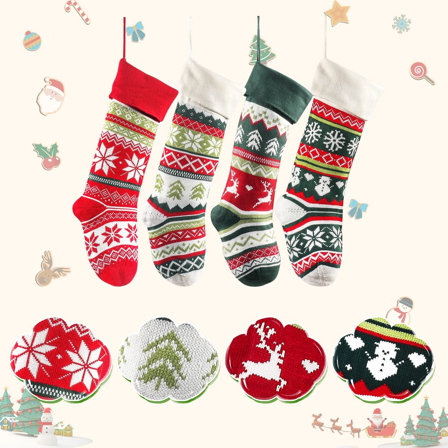 Brainfella Knit Christmas Stockings,4 Pack 22 Inches Snowflake Reindeer Snowman Personalized Cable Knit Stockings for Christmas Candy Gifts Decor