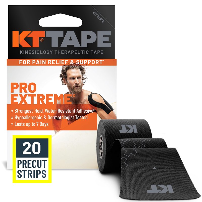 KT Tape, Pro Extreme Synthetic Kinesiology Athletic Tape, 20 Count, 10” Precut Strips, Jet Black