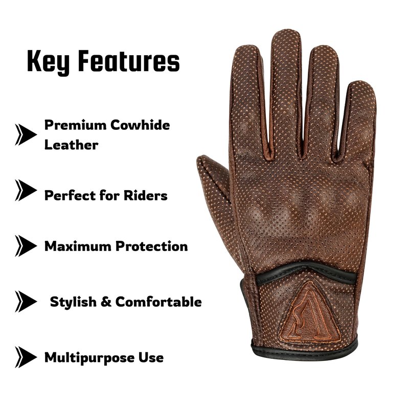 ValuxeStyle Men's Perfect Motorcycle Perforated Black Leather Gloves-Knuckle Protection-Comfortable Leather Gloves for Men (Brown, Large)