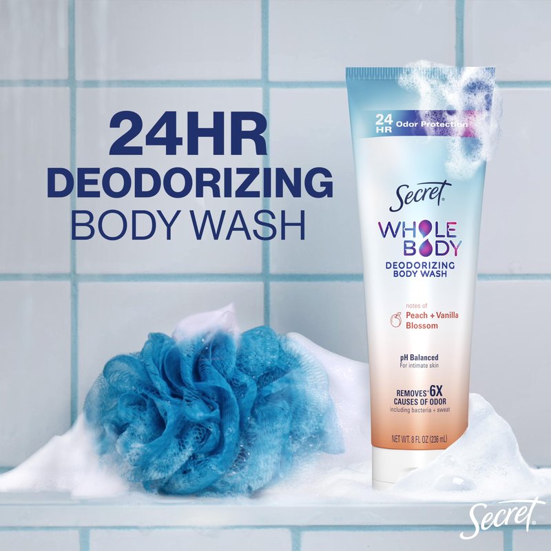 Secret Feminine Wash, 24 HR Deodorizing Feminine Body Wash for Women, Removes 6x Causes of Odor, PH Balanced, Safe to Use Everywhere, Peach & Vanilla Blossom Scent, 8.0 oz