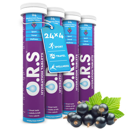 O.R.S Hydration Tablet with Electrolytes for Rehydration, Wellness, Travel, Sports & Recovery | Vegan, Gluten-Free & Low-Calorie Electrolyte Tablets with Natural Blackcurrant Flavour, 96 Tablets