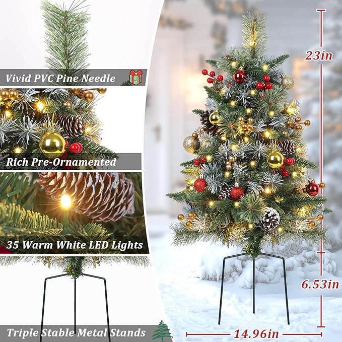 Set of 2 Outdoor Pathway Christmas Trees with Lights, Frosted Twinkle Small Easy Christmas Tree for Driveway, Entrance, Urn & Pot Filler, Front Porch, Yard, Garden Outside Holiday Decoration