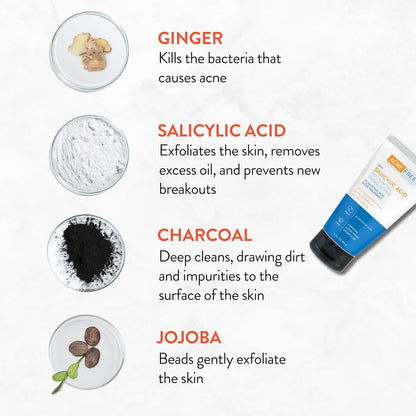 Acne Free Salicylic Acid Exfoliating Face Scrub, 2% BHA Blackhead Remover & Acne Treatment, Deep Cleanse with Charcoal & Jojoba Beads, Gentle Exfoliation with Ginger & Oats, 5 Ounce