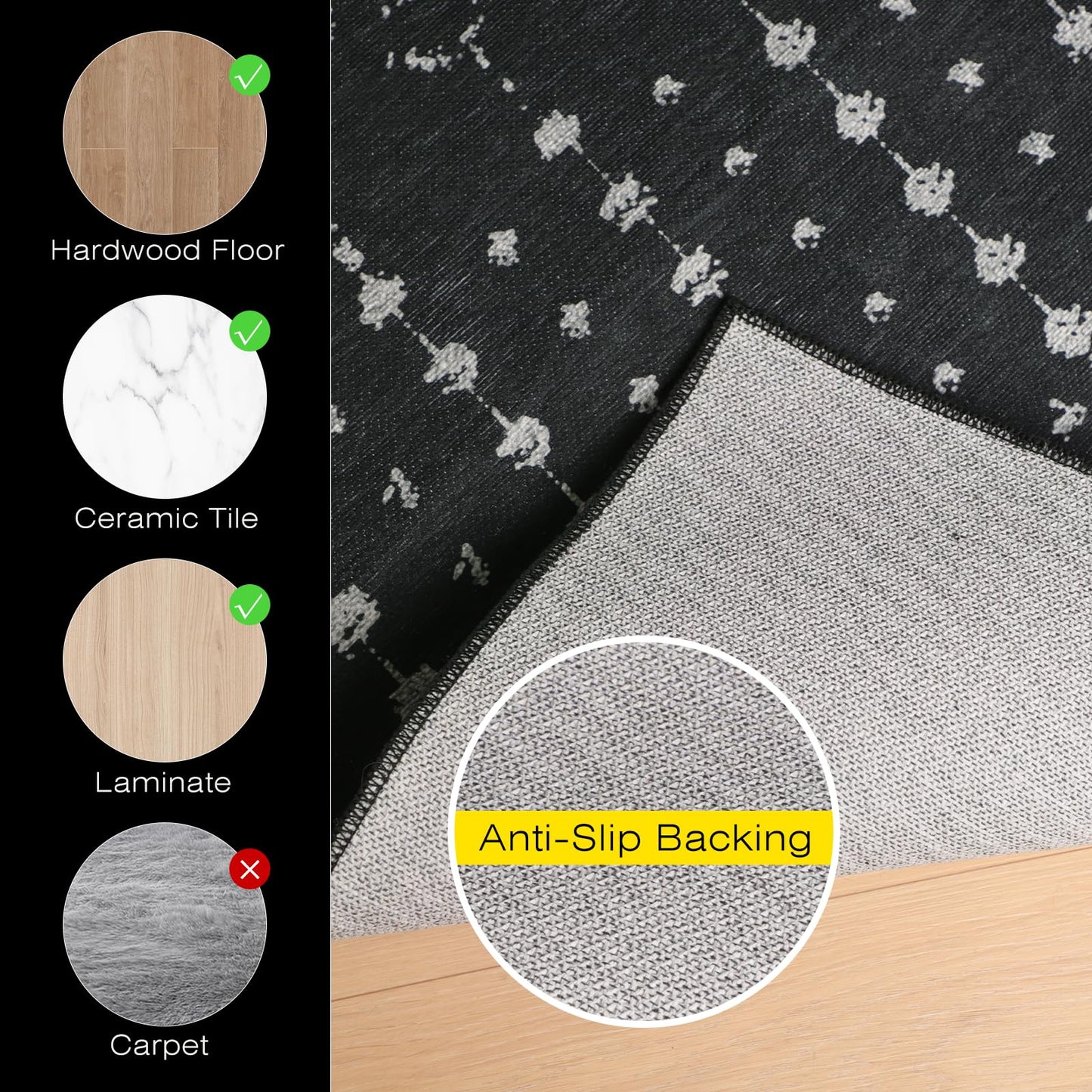 FUNMAT Office Chair Mat for Hard Floors, 75" x 60" Large Chair Mat for Hardwood Floor, Non-Slip Floor Protector Under Desk Rug for Rolling Chair, Washable Area Rug for Home, Black