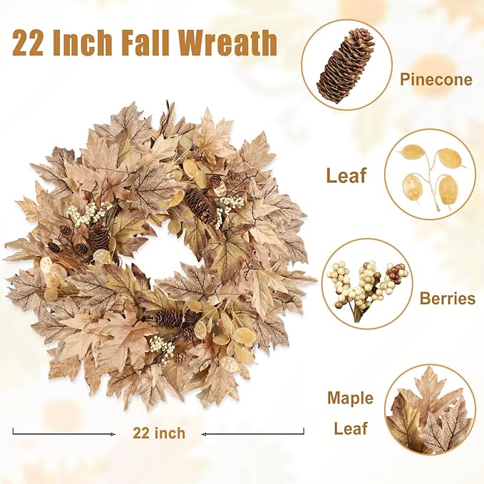 22 Inch Fall Wreaths for Front Door Outside Timer Function Pinecones Berries Autumn Fall Wreaths with 30 Warm Lights Home Porch Door Yard Harvest Mantle Window Decor