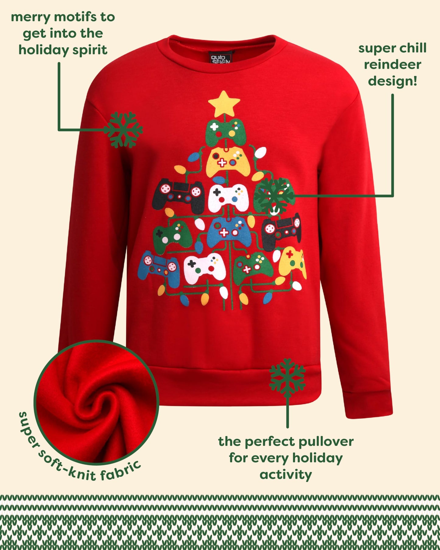 Quad Seven Boys Ugly Christmas Sweater - Soft Fleece Novelty Christmas Holiday Pullover Sweatshirt for Boys, Size 16-18, Red Gamer Christmas