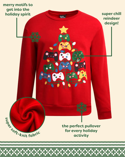 Quad Seven Boys Ugly Christmas Sweater - Soft Fleece Novelty Christmas Holiday Pullover Sweatshirt for Boys, Size 16-18, Red Gamer Christmas