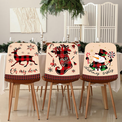 Ganeen 6 Pcs Christmas Chair Cover Buffalo Plaid Dining Chair Santa Claus Hat Shoes Felt Slipcovers Merry Christmas Back Covers for Banquet Kitchen Holiday Party Decoration(Vibrant Style)