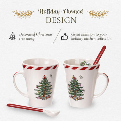 Spode Christmas Tree Peppermint 14oz Mug & Spoon Set (4-Piece) - Festive Earthenware with Candy Cane Motif, Mug for Hot Chocolate, Coffee, Holiday Mornings - Christmas Drinkware