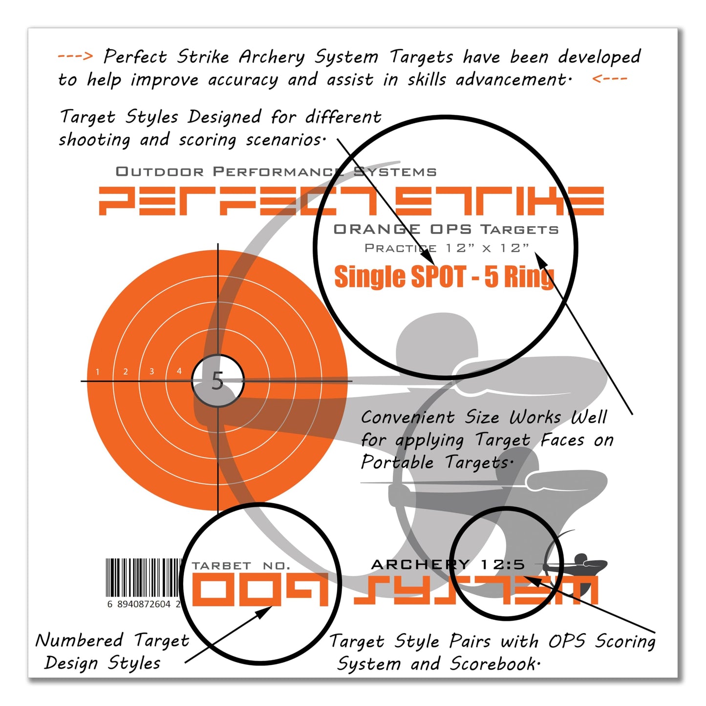 Perfect Strike Archery Paper Targets. Single Spot Bullseye Design. (12" x 12"). PSA-OO-SYS-009. (12 Targets)