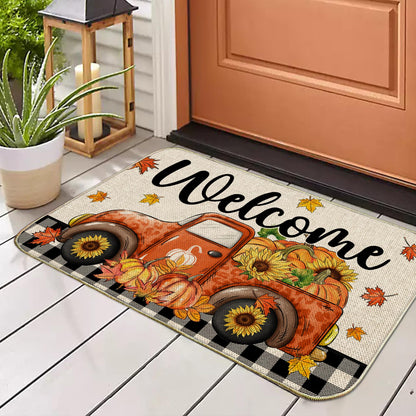 Fall Door Mat, Welcome Fall Outdoor Mat for Front Door, Autumn Pumpkins with Truck Black and White Buffalo Plaid Seasonal Non Slip Doormat for Entrance Entryway Outside, 17x29 Inches