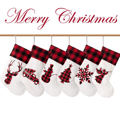 LUBOT Set of 6 Christmas Stocking(20inch) Silhouette Buffalo Red Plaid/Rustic/Farmhouse/Country Cotton Fireplace Hanging Xmas Stockings Decorations for Family Holiday Season Decor