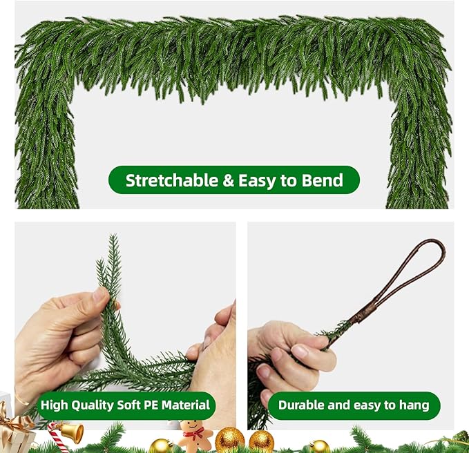 6 Ft 2 Pcs Norfolk Pine Christmas Garland - Artificial Faux Pine Needles Real Touch Winter Garland - Indoor/Outdoor Holiday Greenery Garlands for Fireplace Mantle, Staircase, Window Decor