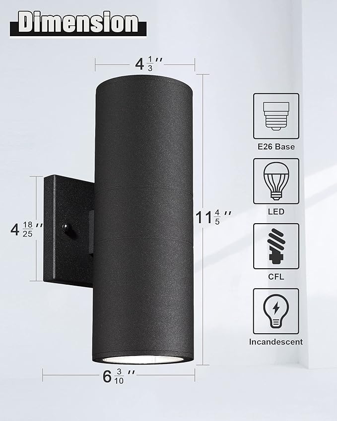 Ken & Ricky Outdoor Wall Sconce Lights, Black Exterior Lighting Fixtures, Outside Porch Lights Outdoor Wall Light Fixtures for House Garage Front Door Patio -2 Pack