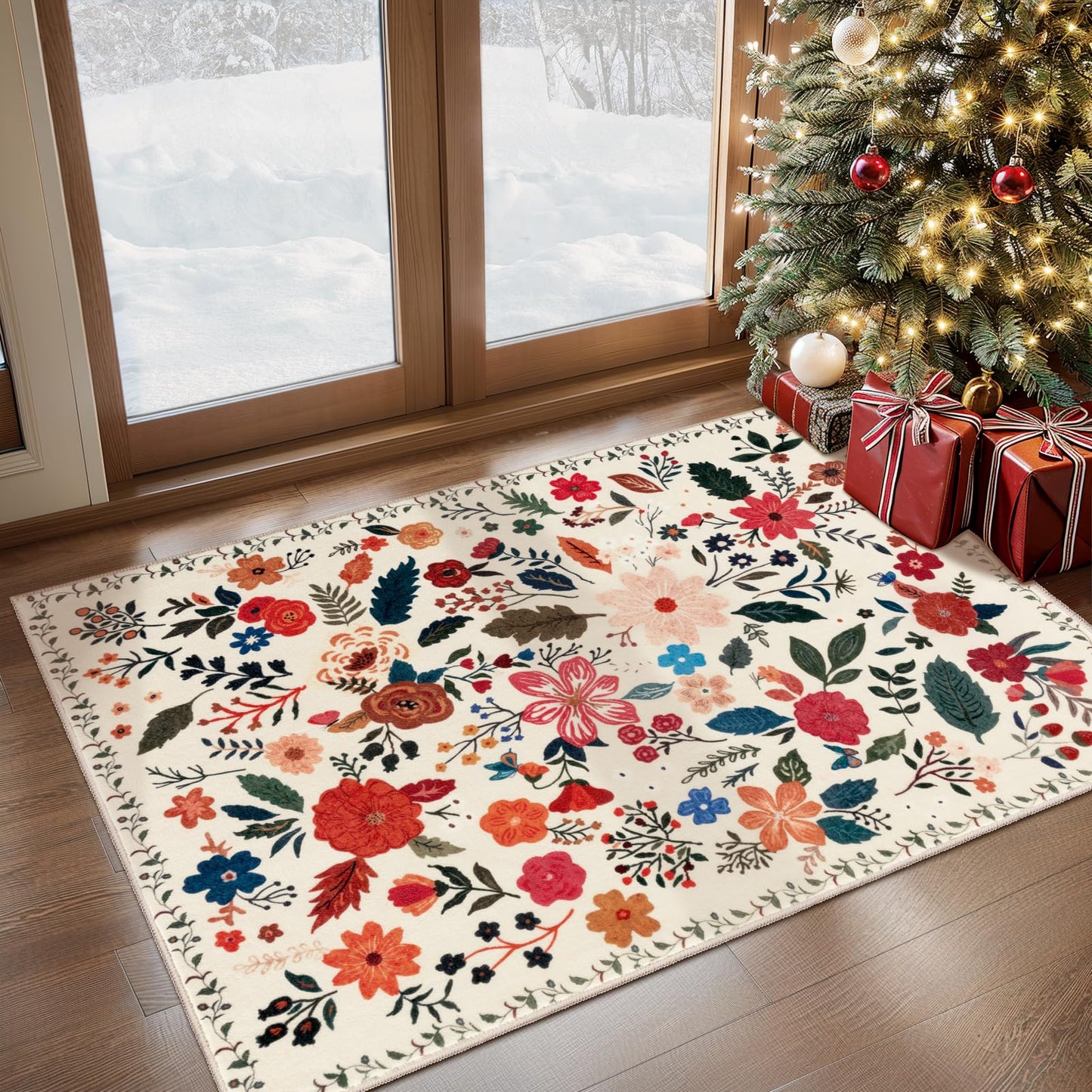 Tangsoo 2x3 Small Area Rug for Entryway, Non Slip Machine Washable Boho Floral Entry Rug, Soft Low Pile Throw Rugs Door Mat Indoor Entrance Floor Carpet for Bedroom Kitchen Bathroom, Kids Room(Beige)