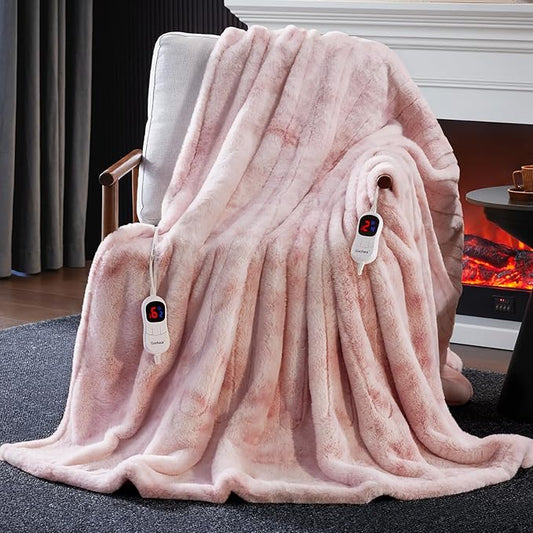 Guohaoi Heated Blanket Electric Throw, Soft Faux Rabbit Fur Electric Blanket with 10 Heating Levels 5 Sitting Timer Auto Off, Cozy Warm Heating Blankets, Machine Washable(90"×100" Pink)