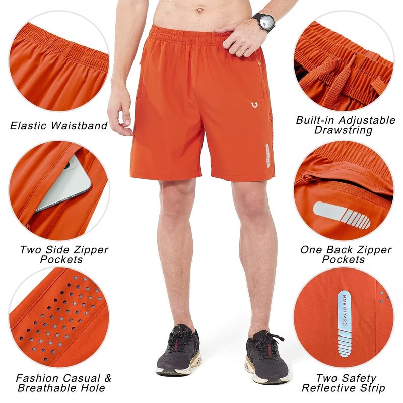 NORTHYARD Men's Athletic Running Shorts Gym Workout 7"/9"/5" Quick Dry Lightweight Sports Basketball Tennis 3 Zipper Pockets Orange L