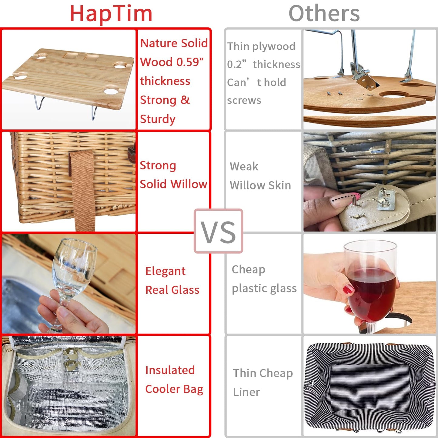 Hap Tim Wicker Picnic Basket for 2 with Mini Folding Wine Picnic Table & Large Insulated Cooler Bag & Cutlery Service Kits for 2 Person, Couples Gifts, Wedding Gifts (Y2307-2-CM)