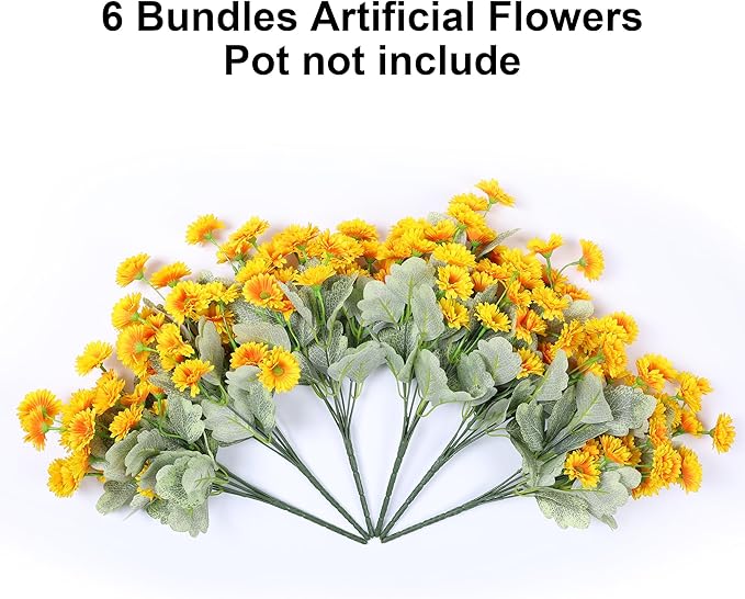 HyeFlora Dahlia Artificial Fall Flowers for Outdoors Autumn Decoration, 6 Bundles Fake Mums Yellow Faux Flowers Plants Realistic UV Resistant Silk Flowers for Outside Planter Front Door Yard Garden