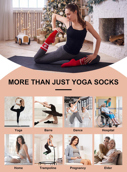 Toes Home Pilates Socks for Women with Non Slip Grips, Christmas Gifts Yoga Crew Socks for Barre Hospital Slipper 4 Pairs Red Green