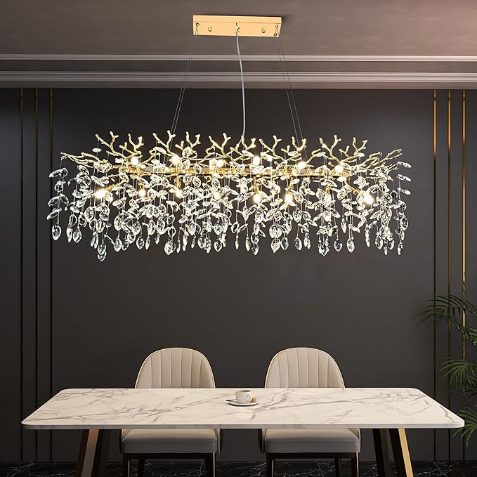 Gold Crystal Chandelier Modern High Ceiling Tree Branch Chandeliers Lighting Luxury Foyer Entryway Staircase Living Room Large Raindrop Large Hanging Pendant Light Fixture