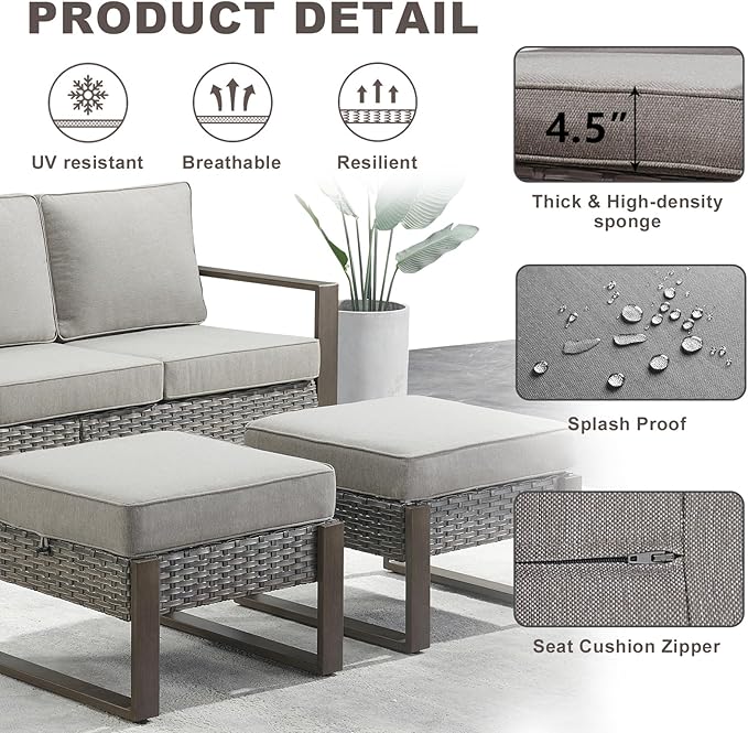 Rilyson Outdoor Ottoman Wicker Patio Footrest - 2 Piece Wicker Footrest Footstools Set with Sturdy Frame,All-Weather PE Wicker, Thick Cushions for Deck Porch Garden(Mixed Grey/Grey)