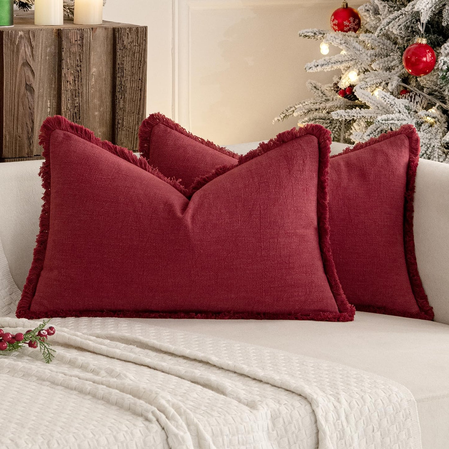 MIULEE Christmas Decorative Throw Pillow Covers Neutral Linen Fringe Fall Throw Pillows Set of 2 Natural Beige Boho Farmhouse Cushion Covers with Tassels for Couch Sofa Bed Home Decor 20x20 Inch