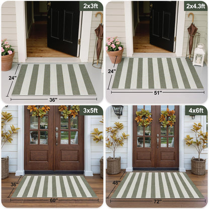 OJIA Outdoor Rug 3'x5', Washable Entryway Rugs Indoor Fall Front Door Mat Cotton Woven Checkered Front Door Rug Small Area Rug Halloween Doormat for Porch Kitchen Patio Bathroom (Green/White/Tan)