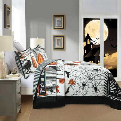MarCielo 3 Pcs Halloween Themed Quilt Bedspread Set - Cozy and Spooky Pumpkin and Ghost Pattern (Halloween, Queen)