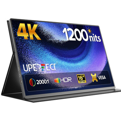 UPERFECT Portable Monitor 4K 16" | 1200 Nits Laptop Monitor | 3840 * 2400 UHD | 1MS FreeSync 2000:1 Contrast | USB-C & HDMI | VESA & Smart Case | Travel Screen for Computer, Mini PC, Game Consoles