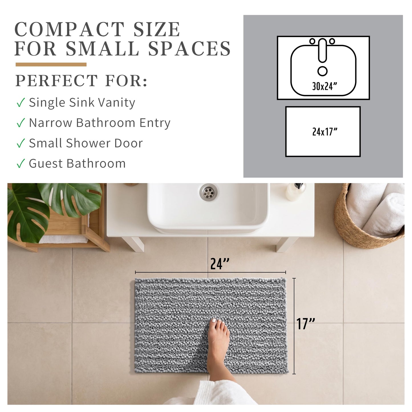 Yimobra Bathroom Rugs Non-Slip Washable – Extra Soft & Absorbent Chenille Bath Mat, Quick-Dry Plush Shaggy Floor & Vanity Bath Rugs for Tub & Shower, Modern Home Decor Accessories, 24 x 17, Grey