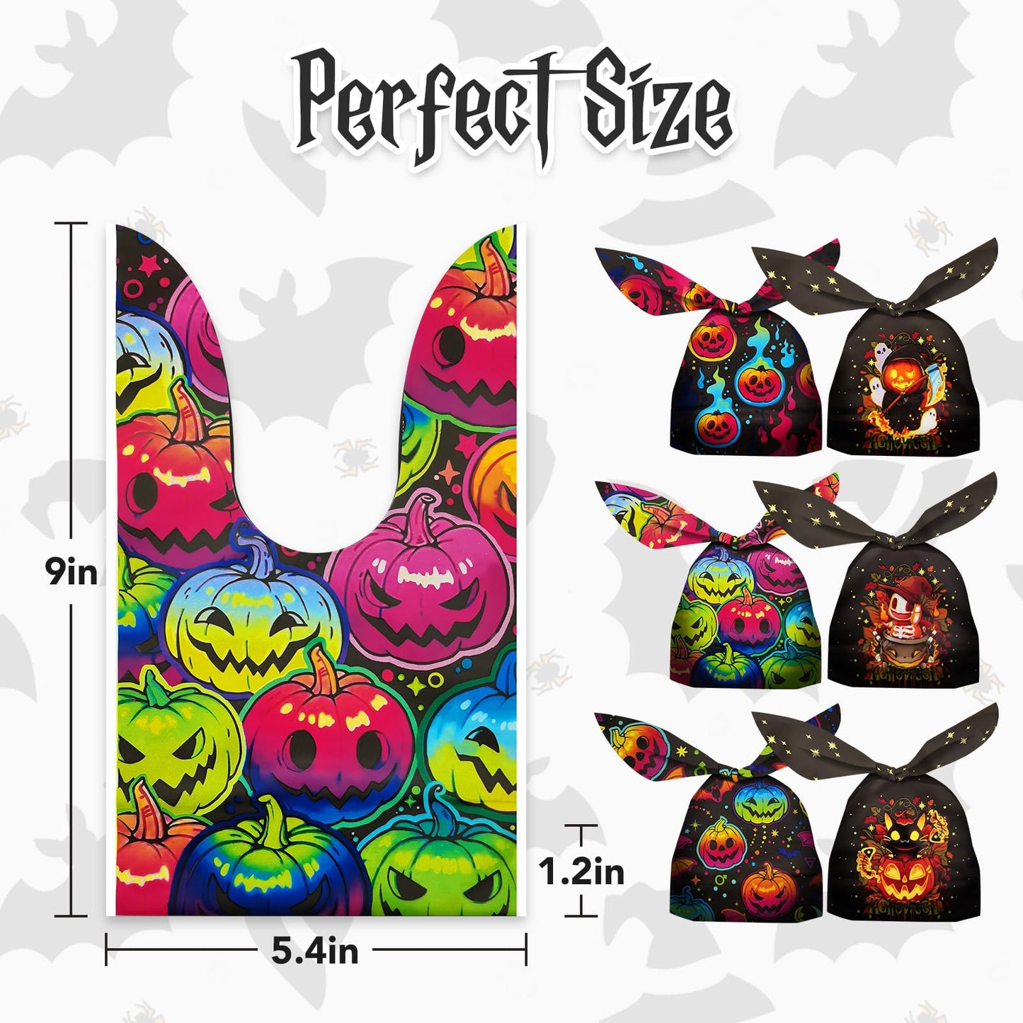 Halloween Treat Candy Bags 100pcs, Kids Small Halloween Goodie Bags Bulk, Plastic Halloween Bags for Trick or Treat, Party Favor, Popcorn, Snack and Cookie with Pumpkin, Ghost，Cat Elements
