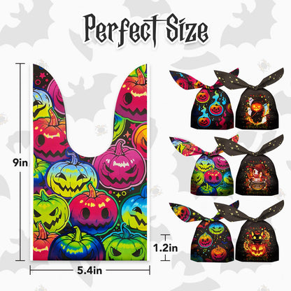 Halloween Treat Candy Bags 100pcs, Kids Small Halloween Goodie Bags Bulk, Plastic Halloween Bags for Trick or Treat, Party Favor, Popcorn, Snack and Cookie with Pumpkin, Ghost，Cat Elements