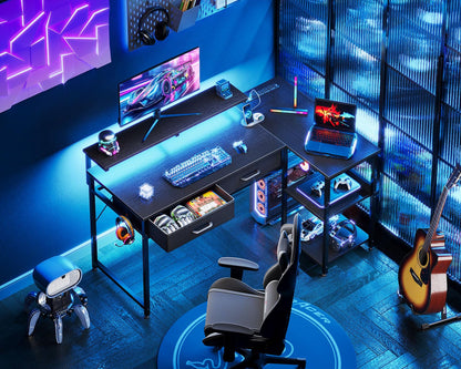 Coleshome 40 Inch L Shaped Gaming Desk with 2 Drawers & Storage Shelves, Computer Desk with USB Ports, Study Writing Table for Bedroom, Simple Modern Laptop Desk for Home Office, Black