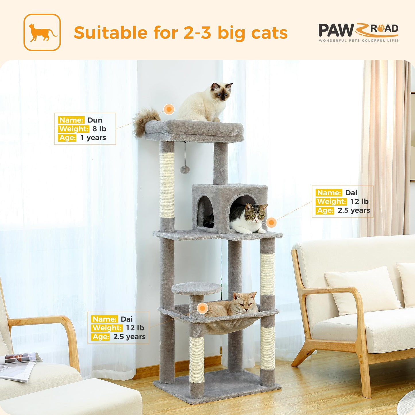 PAWZ Road 143cm Cat Tree for Indoor Cats with Metal Frame Large Hammock, 56.3 Inches Big Cat Tower with Scratching Posts and Top Perch, 4.7ft Multi-Level Activity Center with Replaceable Pompon, Grey