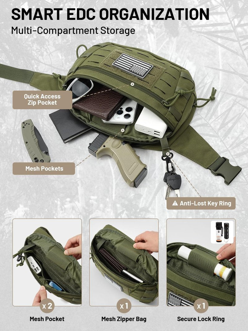 AUMENTAR Tactical Sling Bag, Fanny Pack,2in1,CCW & EDC Shoulder Bag with MOLLE & Pistol Holster - 1000D Adjustable Strap for Outdoor Carry Men & Women