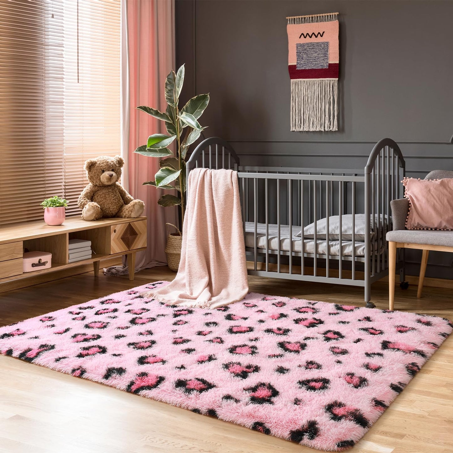 Living Room Area Rug - 5x8 Kids Room Fluffy Bedroom Pink Leopard/Cheetah Print Faux Fur Washable Carpet