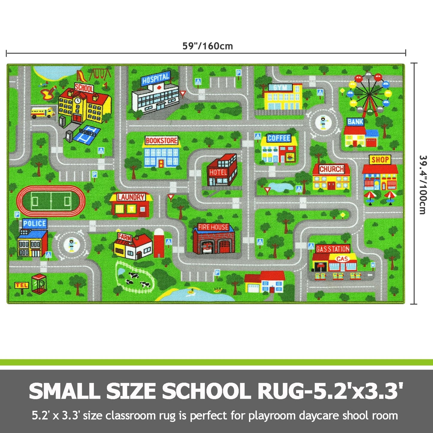 Capslpad Green Car Road Kid Rug Carpet Playmat for Playoom Traffic Road Kids Play Mat for Toddler Non Slip Washable City Map Race Track Carpet Rug for Kids Room Bedroom Nursery Room Decor,5.2'x3.3'
