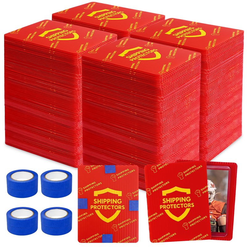 Succwoah 1000-Pack Trading Card Shipping Protectors 3.5'' x 4.5'' with 8 Rolls of Tape, Heavy Duty Corrugated Sheet for Safe Shipping, Precut Card Mailers for Sports, MTG, and Collectible Cards (Red)