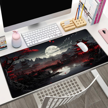 Japanese Desk Mat Riverside Full Moon Desk Pad Black Red Large Mouse Pad Gaming Mousepad Extended XXL Keyboard Pad 31.5 x 15.7 in Laptop Computer Mouse Keyboard Mat for Office Desk Decor