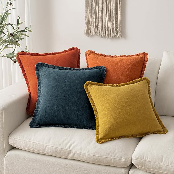 MIULEE Decorative Throw Pillow Covers Neutral Linen Fringe Throw Pillows Set of 2 Mustard Yellow Boho Farmhouse Cushion Covers with Tassels for Couch Sofa Bed Living Room Spring Home Decor 20x20 Inch