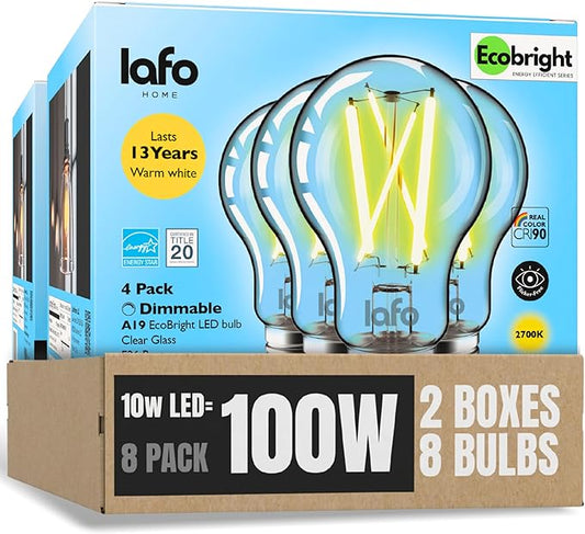 EcoBright 8PK Dimmable A19 LED Filament Bulb, 10W (100W Equivalent), E26 Base, 1100 Lumens, CRI90+, Flicker-Free Clear Glass, Energy Star Title 20, Warm White 2700K