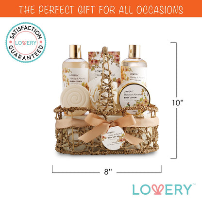 Christmas Gift Baskets for Women Gifts for Women Who Have Everything, Home Spa Honey & Almond Scent, Luxury Bath & Body Set - Shower Gel, Bubble Bath, Body Lotion, Salts, Bath Bomb, Bath Puff.