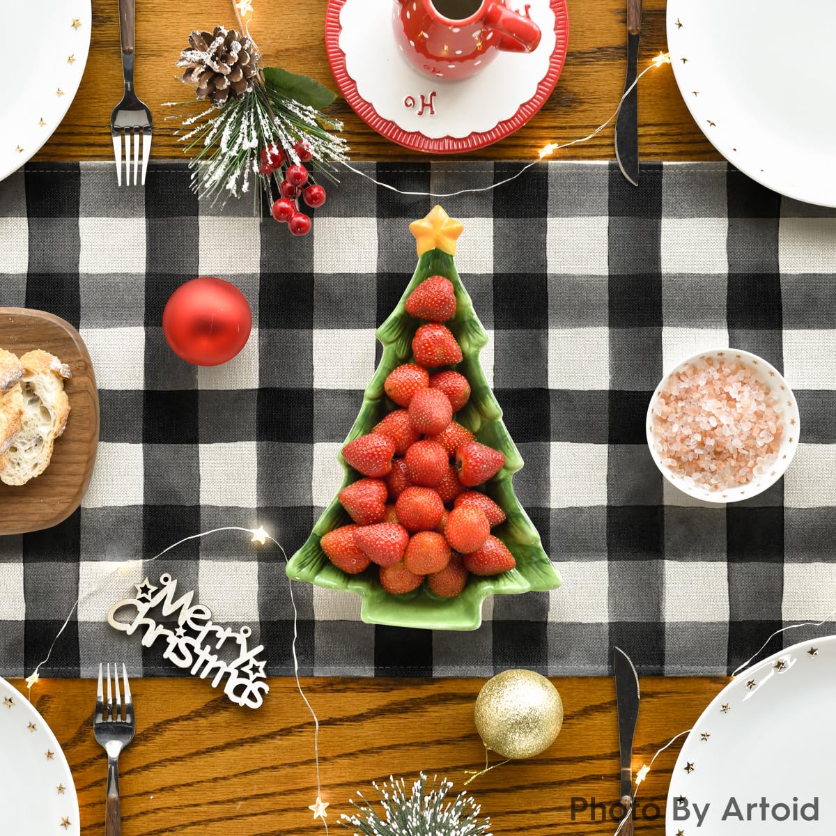 Artoid Mode Buffalo Plaid Merry Christmas Tree Table Runner, Seasonal Truck Gifts Kitchen Dining Table Decoration for Outdoor Home Party 13x72 Inch
